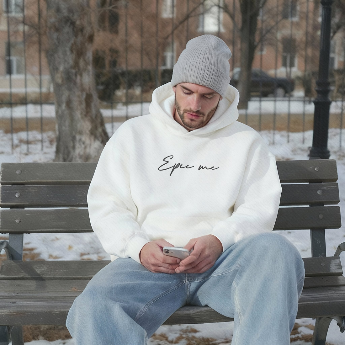 sudadera oversize hombre blanca EPIC ME estilo minimalista outfit urbano