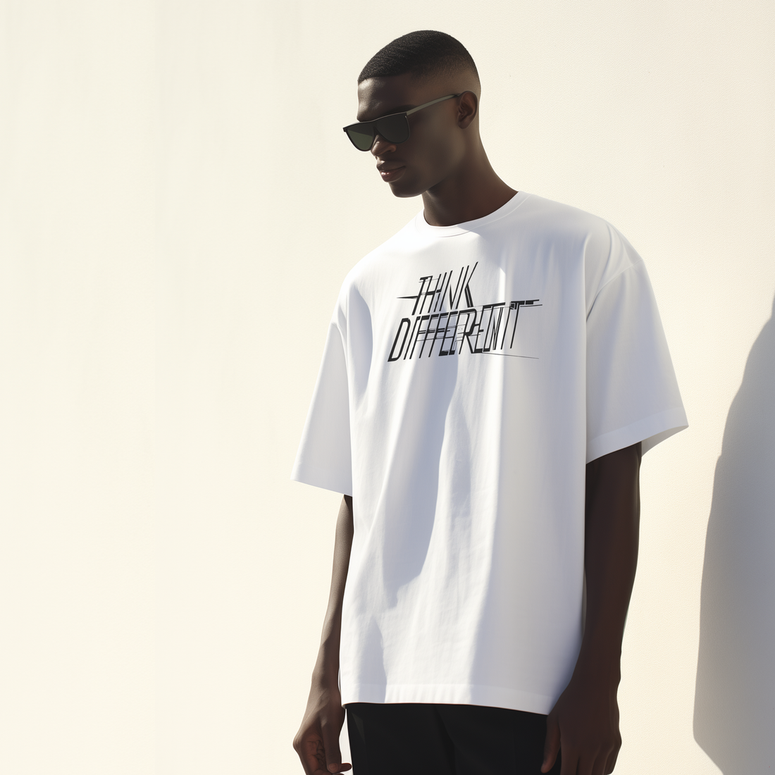 Camiseta oversize blanca hombre estilo minimalista con estampado "Think Different" de Epic Me