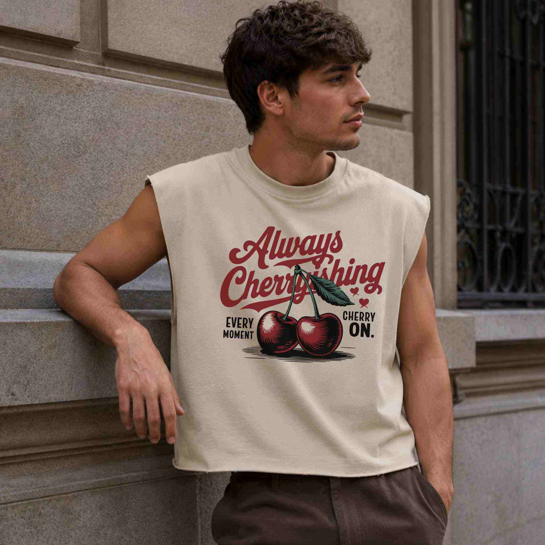 Camisetas sin mangas hombre boxy fit beige Epic Me con gráfico vintage cherry y corte equilibrado