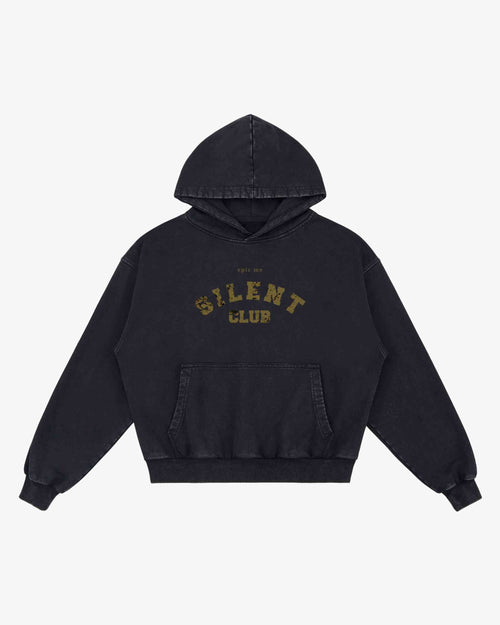 Sudadera boxy negra hombre con capucha y estampado vintage dorado Silent Club