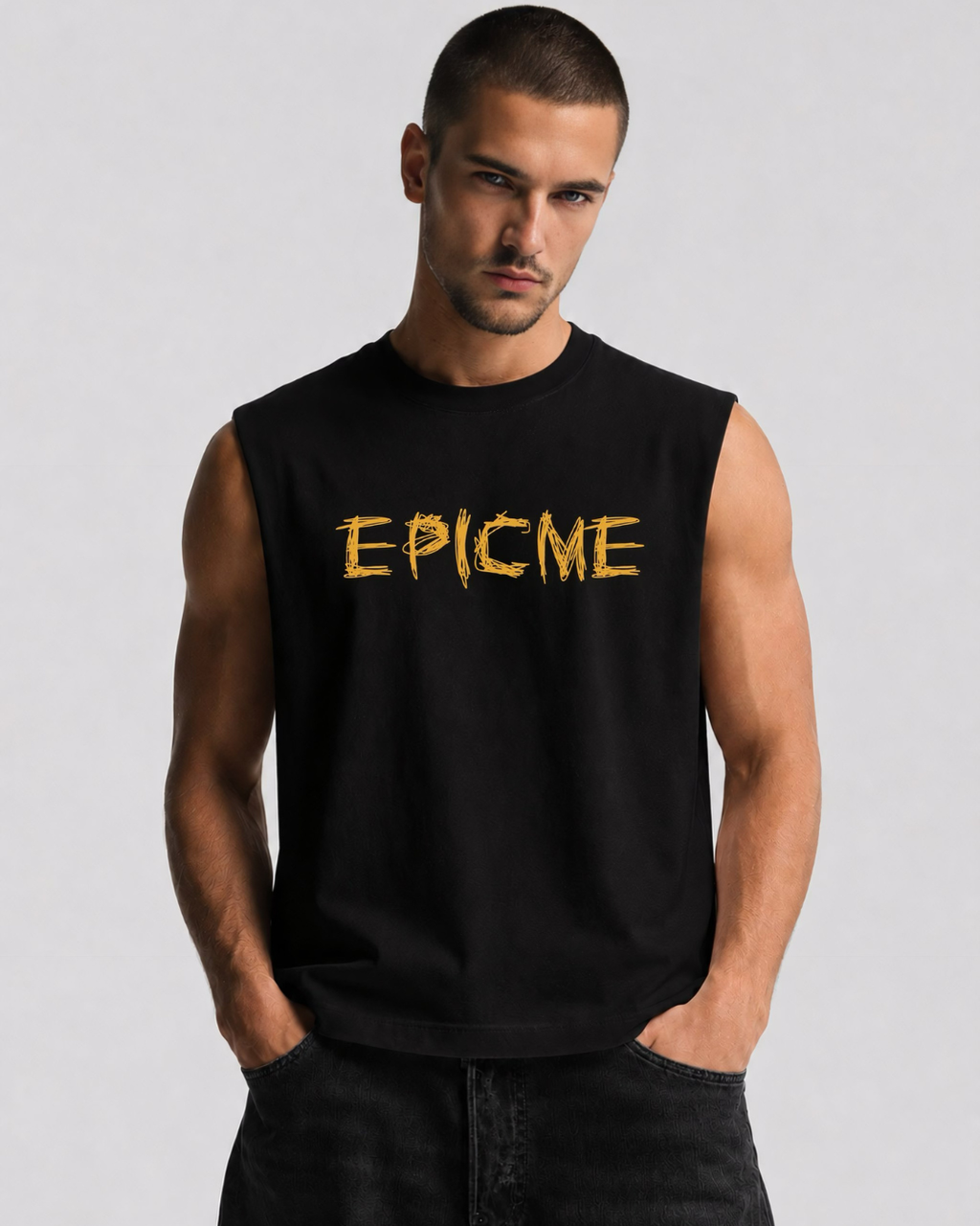Camiseta sin manga negra para hombre con corte boxy y logo EPICME frontal