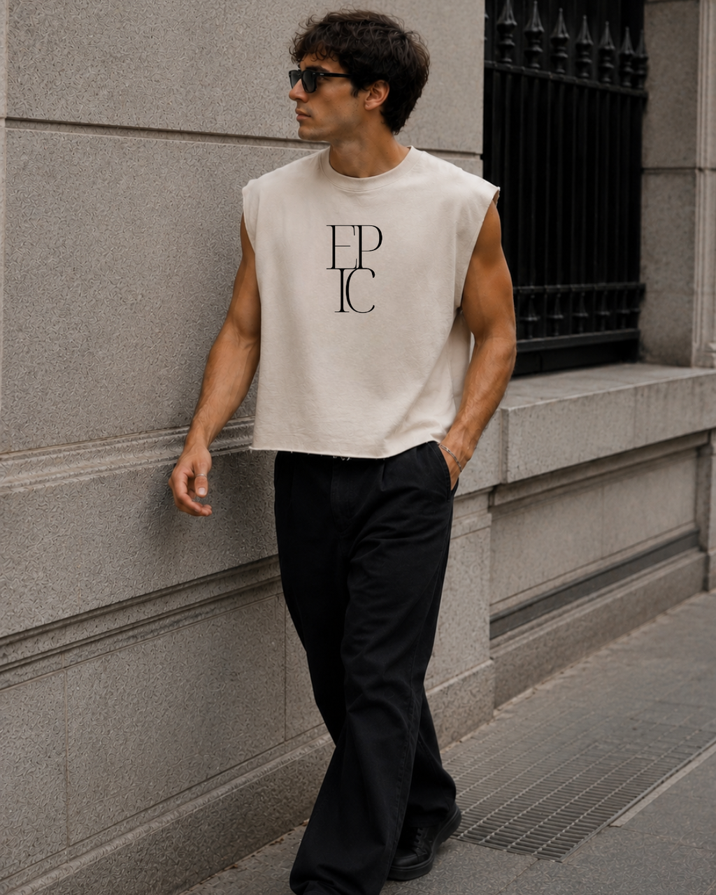 Camiseta hombre sin mangas EPIC beige de algodón 100% con corte boxy fit y sisas abiertas