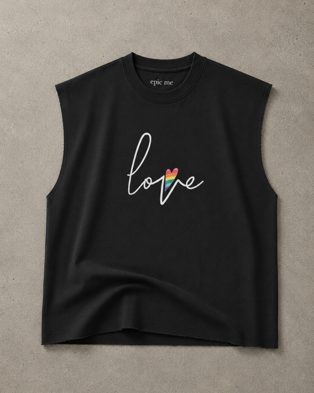 Camiseta sin mangas negra Love Pride de algodón con corte cuadrado y sisas caídas