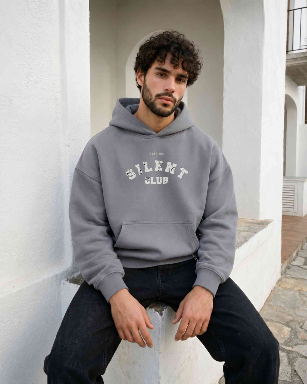 Sudadera boxy hombre con capucha en algodón 100% y estampado vintage Silent Club