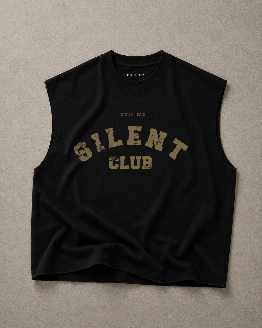 Camiseta sin mangas negra Silent Club Gold minimalista de algodón 380 g/m² con corte boxy fit y cuello redondo