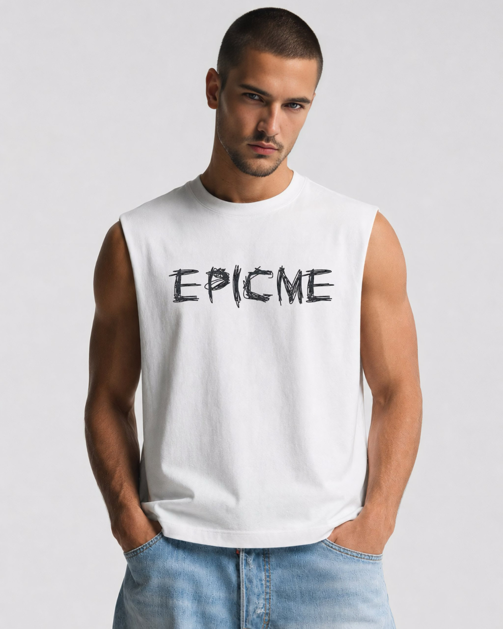 Camiseta hombre sin mangas blanca Tank Top EPICME con corte boxy fit y logo frontal