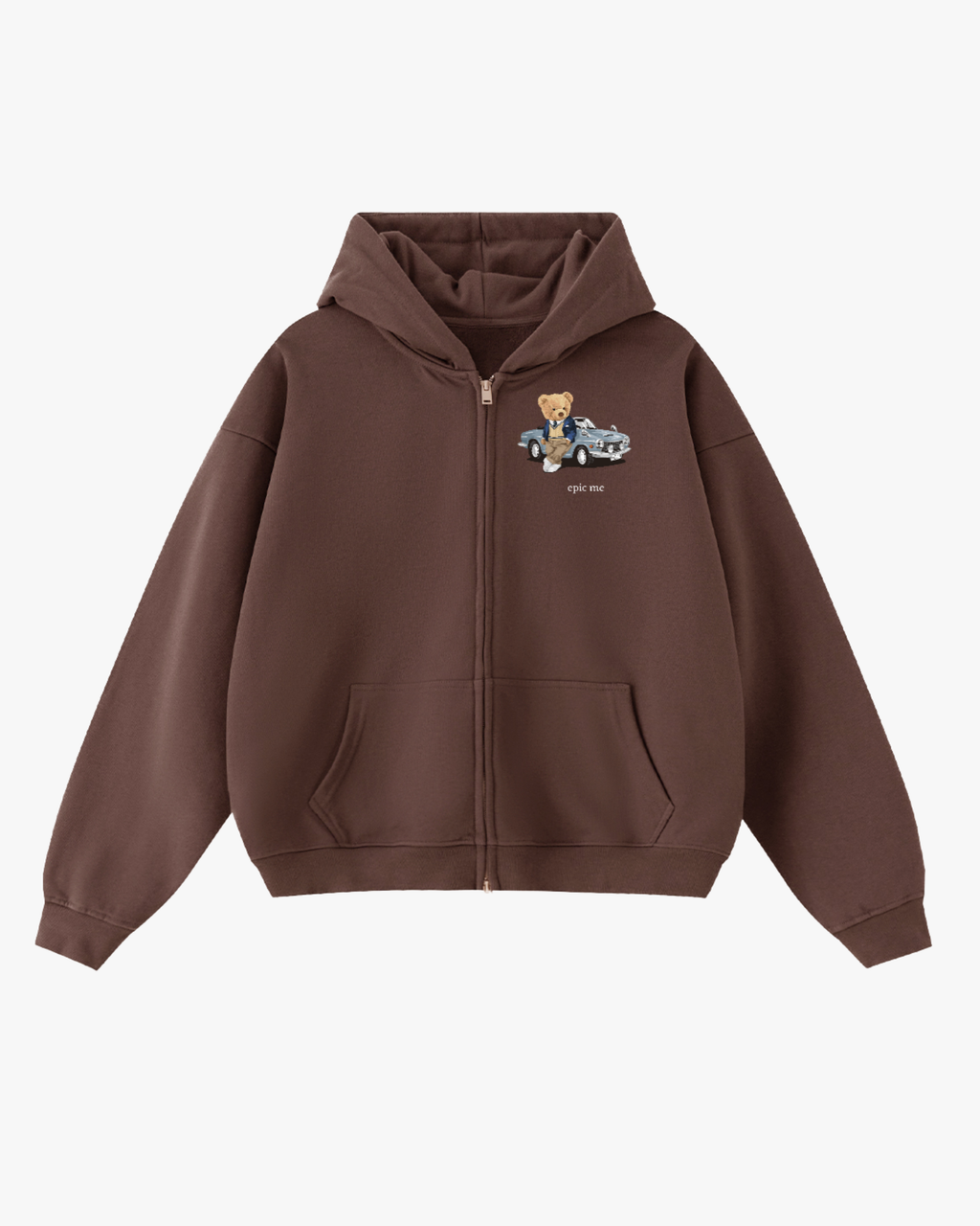 Sudadera con capucha marrón con cremallera y diseño de oso, estilo casual y moderno