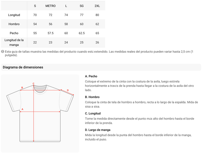 Size chart for Camiseta Epic Me Blanca