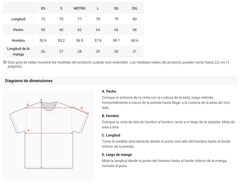 Size chart for Camiseta Like a God