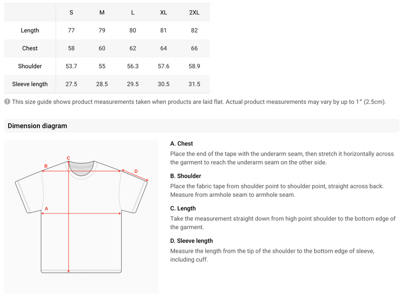 Size chart for Camiseta Epic Desgastada Niebla Lunar