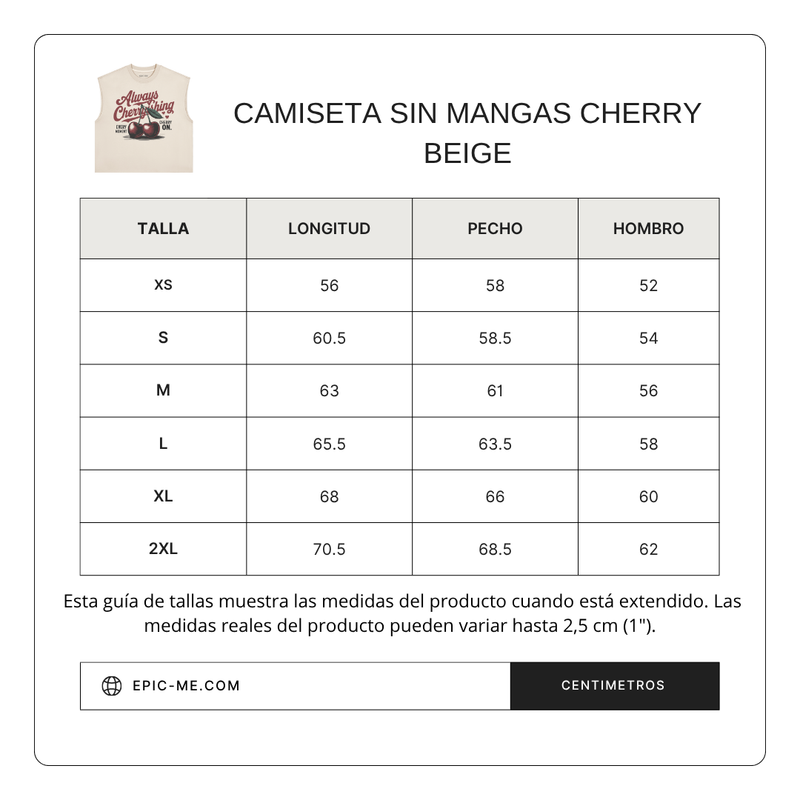 Size chart for Camiseta sin mangas Cherry Beige