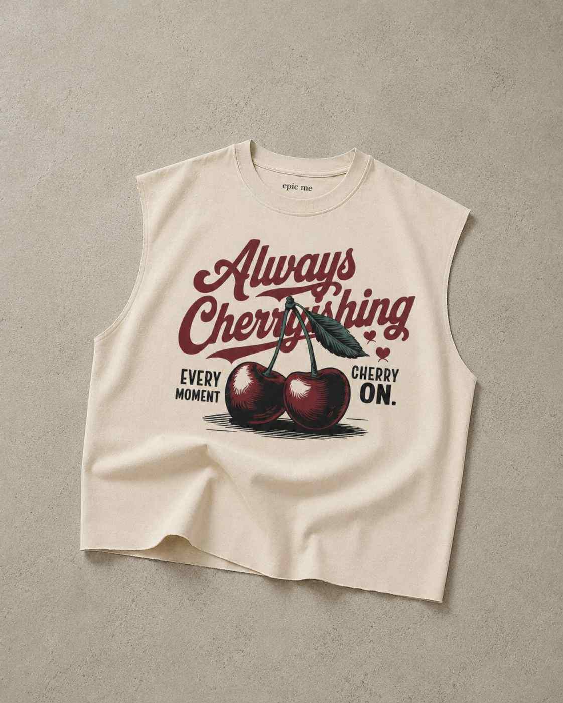 Camiseta sin mangas beige con diseño Cherry retro y corte cuadrado cómodo