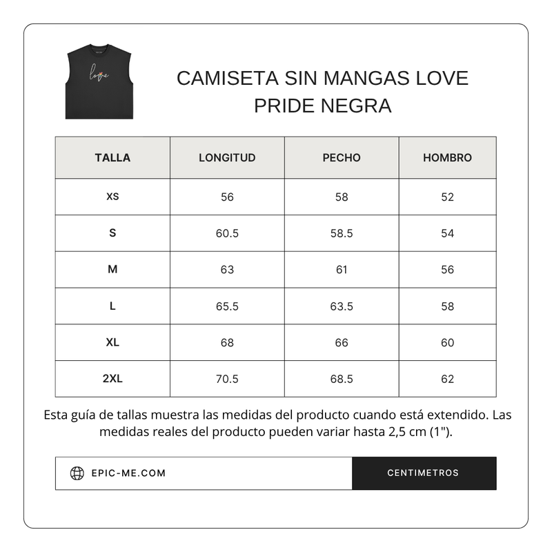 Size chart for Camiseta sin mangas Love Pride Negra
