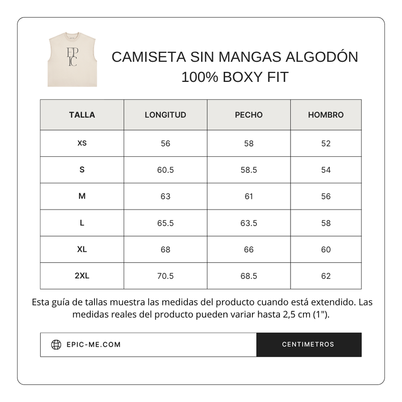 Size chart for Camiseta hombre sin mangas EPIC Beige