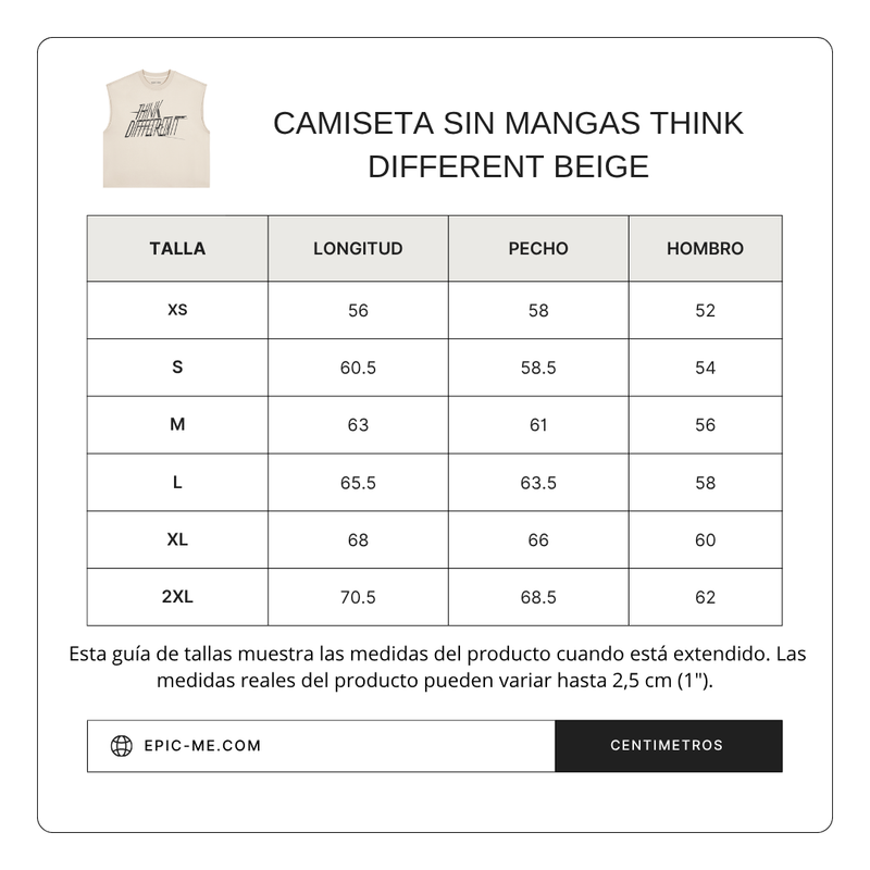 Size chart for Camiseta sin mangas Think Different Beige