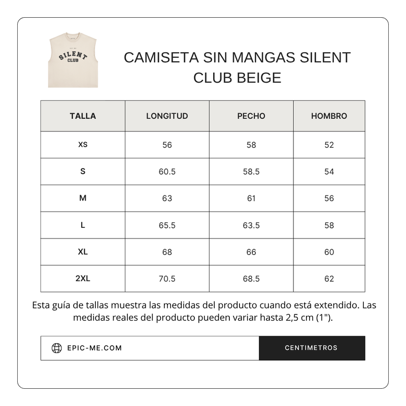 Size chart for Camiseta sin mangas Silent Club Beige