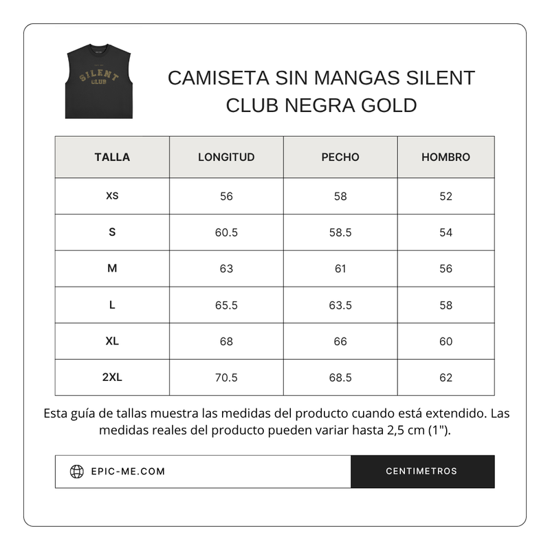 Size chart for Camiseta sin mangas negra Silent Club Gold