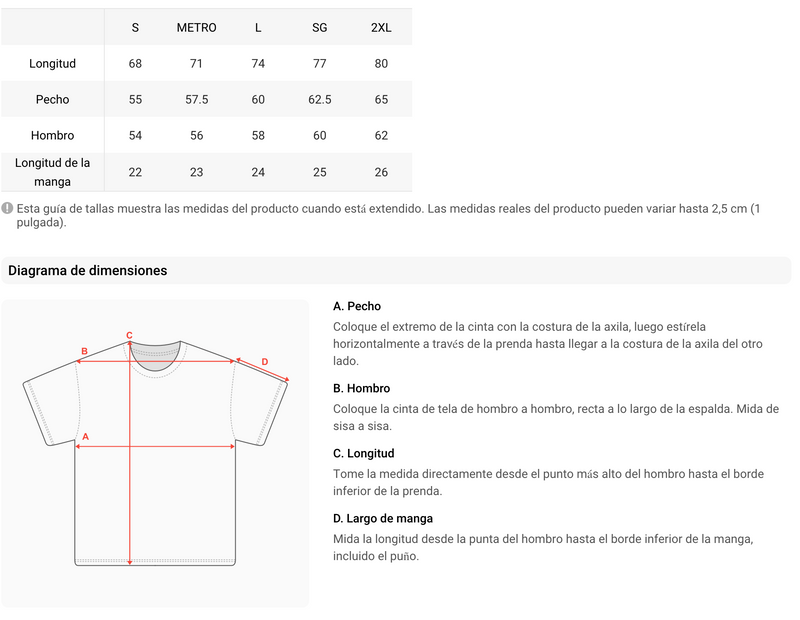 Size chart for Camiseta Amalfi Coast EPIC ME Negra