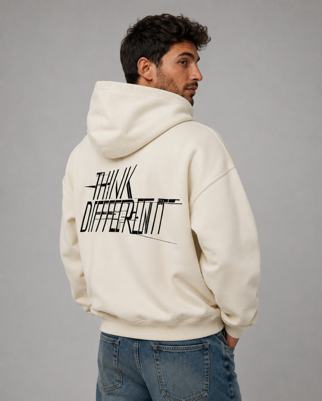 Sudadera con cremallera hombre oversize en crudo con estampado Think Different y doble cremallera metálica