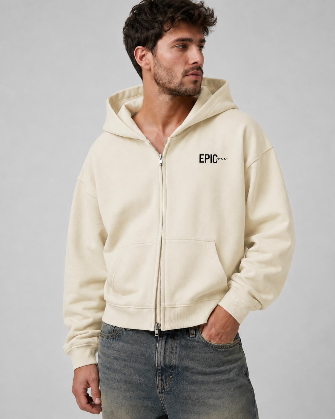 Sudadera con capucha y doble cremallera para hombre en algodón crudo con estampado Think Different en la espalda