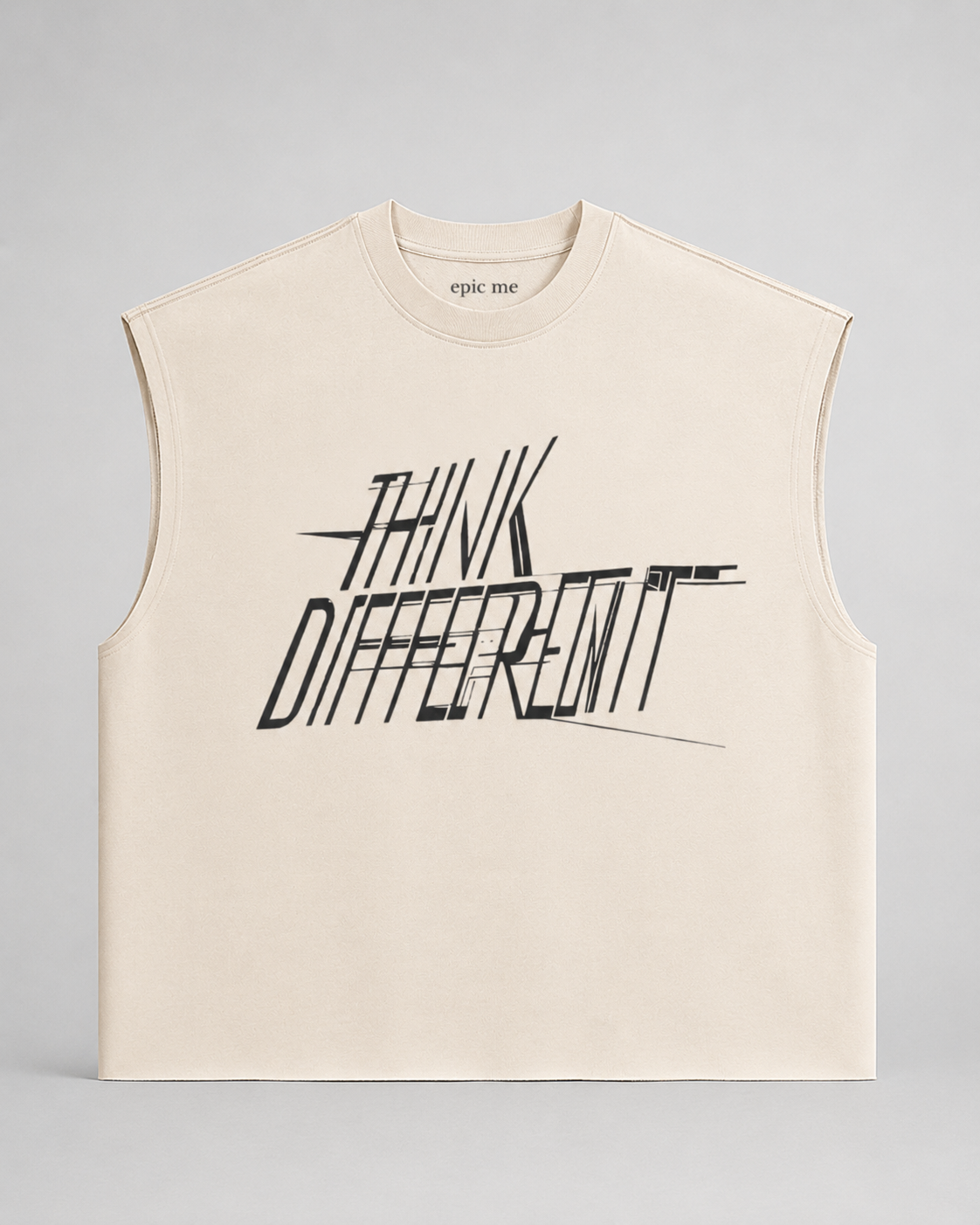 Camiseta sin mangas algodón beige Think Different con corte boxy fit y diseño minimalista