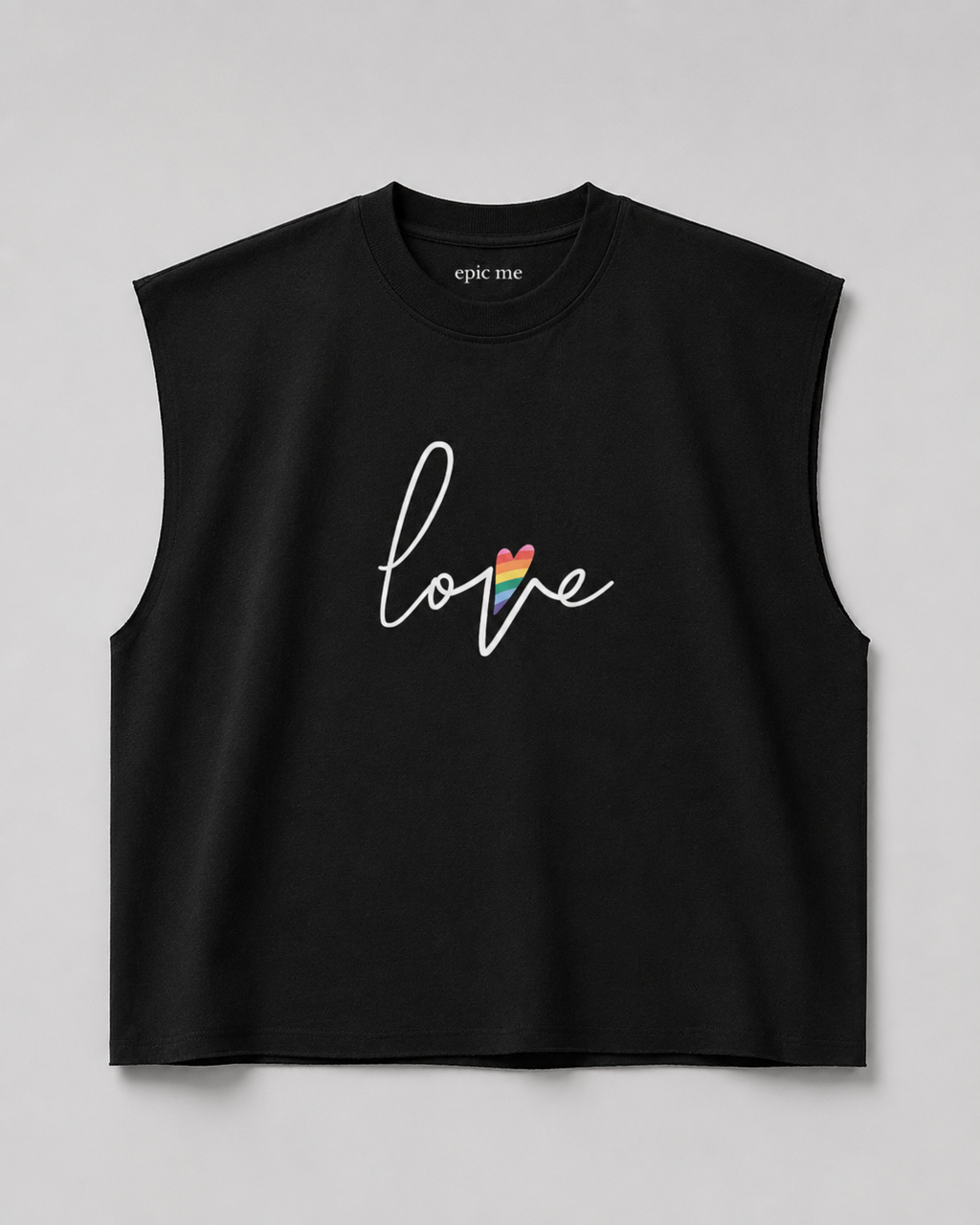 Camiseta sin mangas negra Love Pride con corte cuadrado y algodón 100%