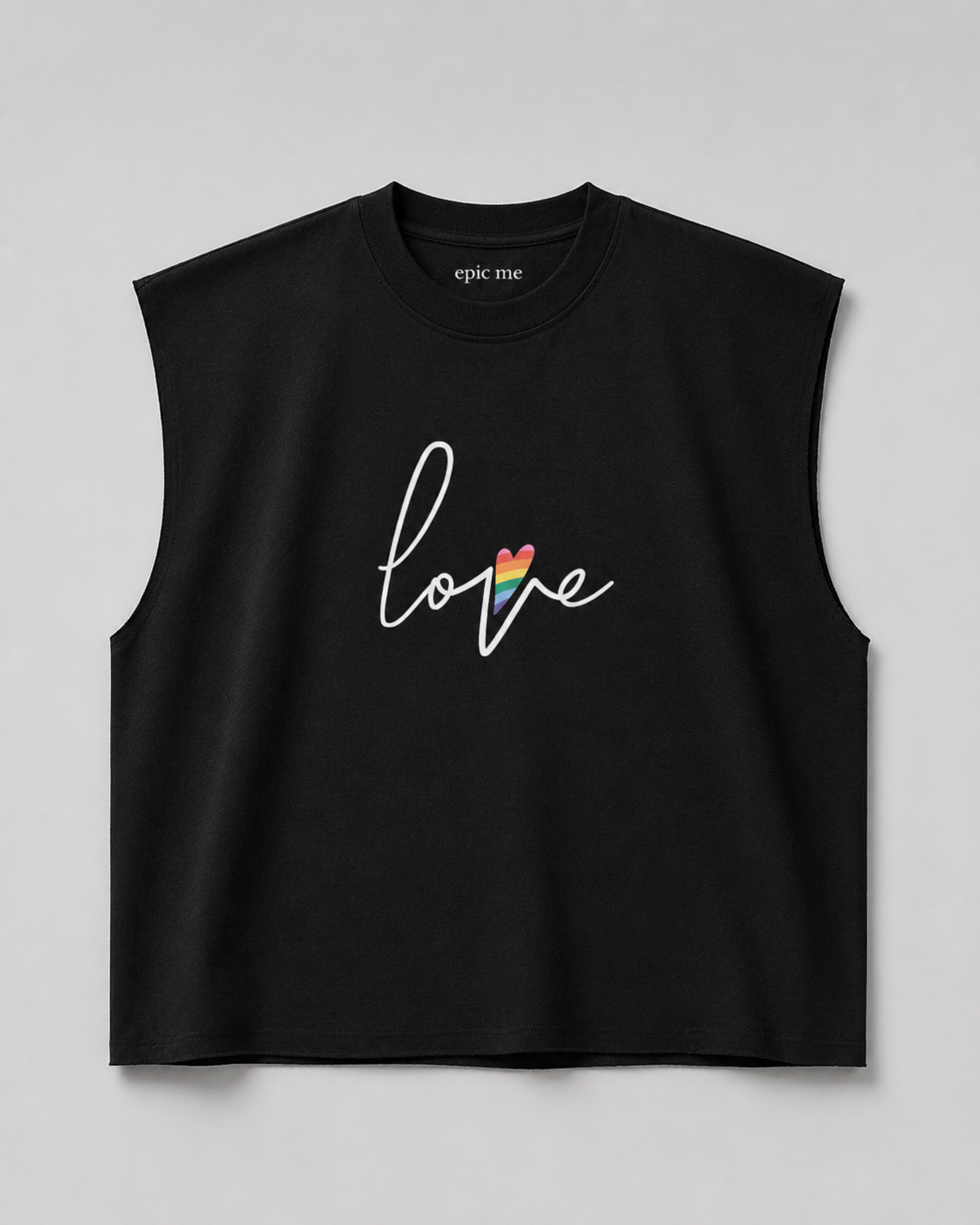 Camiseta sin mangas negra Love Pride con corte cuadrado y algodón 100%
