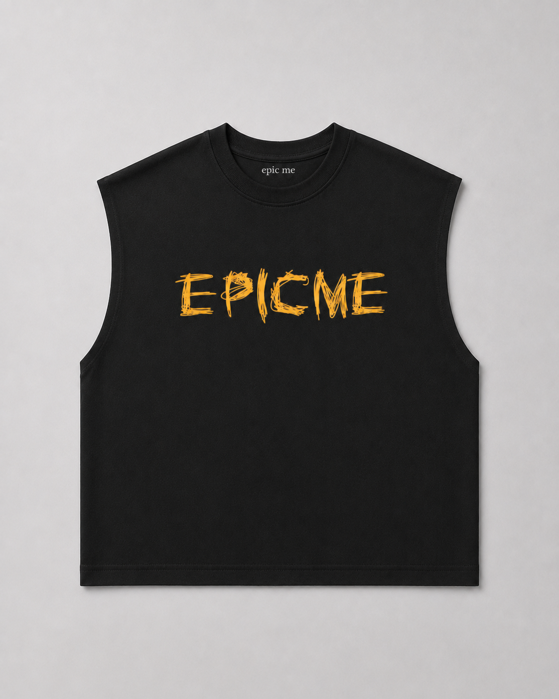 Camiseta sin manga negra para hombre con diseño boxy y logo EPICME frontal