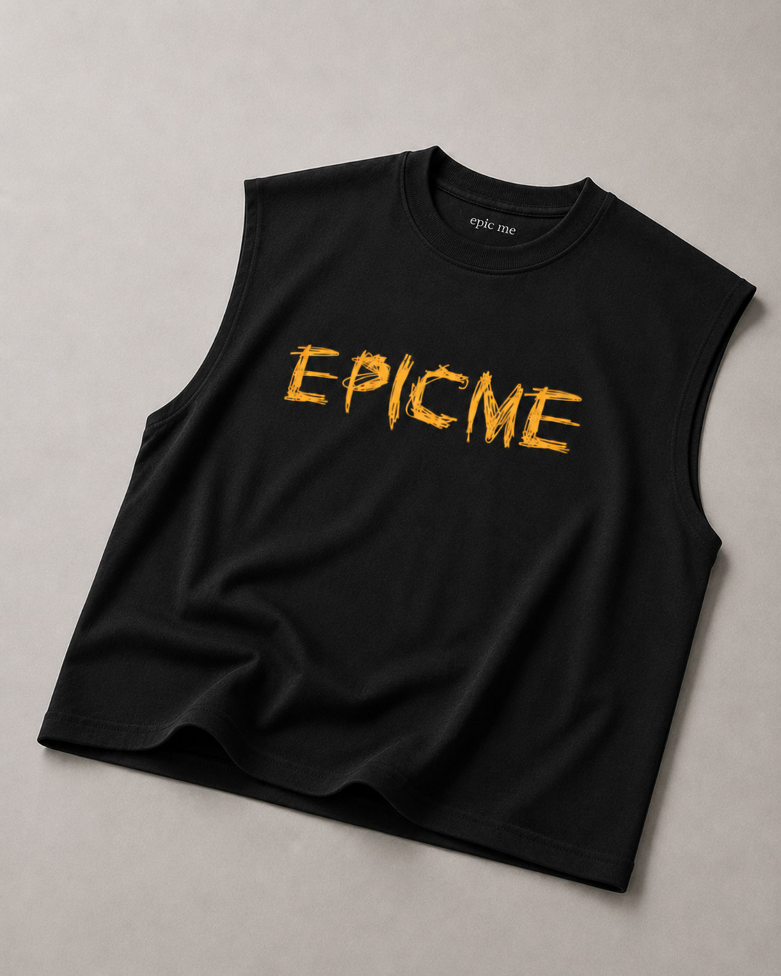 camiseta sin manga negra de algodón con corte boxy y logo EPICME frontal