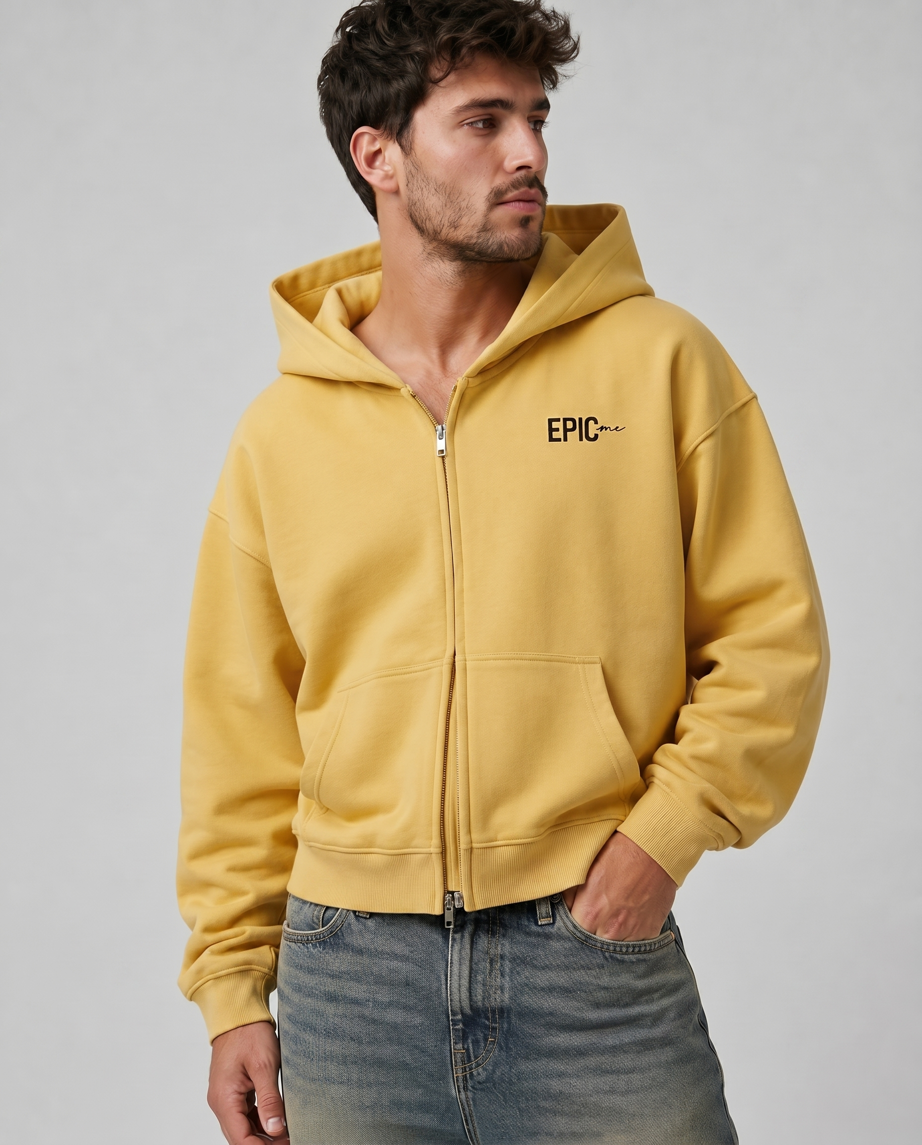 Sudadera con cremallera amarilla Think Different de algodón premium para hombre con doble cierre y estampado en la espalda