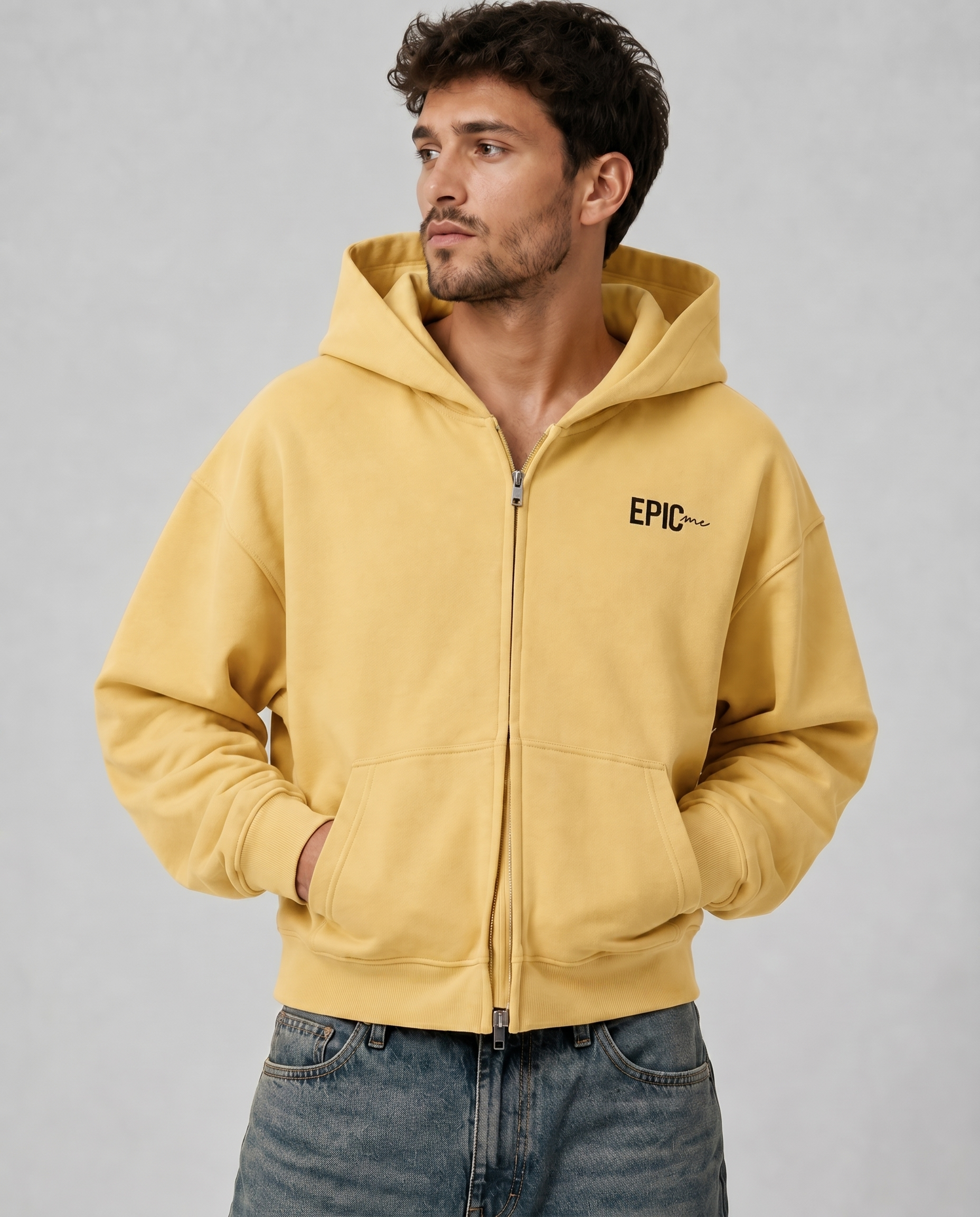 Sudadera con cremallera amarilla para hombre en algodón premium con estampado Think Different y logo EPIC ME