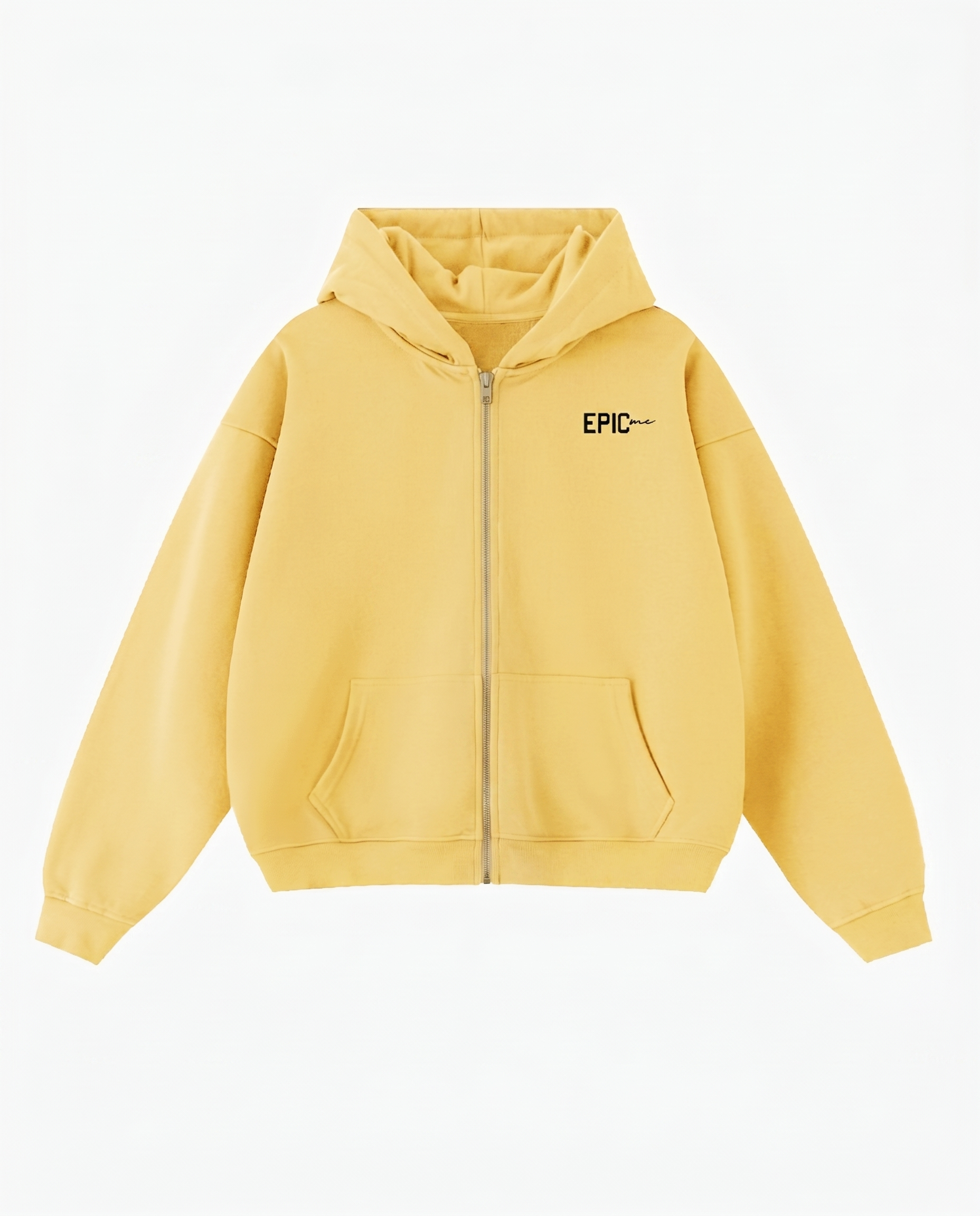 Sudadera con cremallera amarilla de algodón premium con estampado Think Different y logo EPIC ME