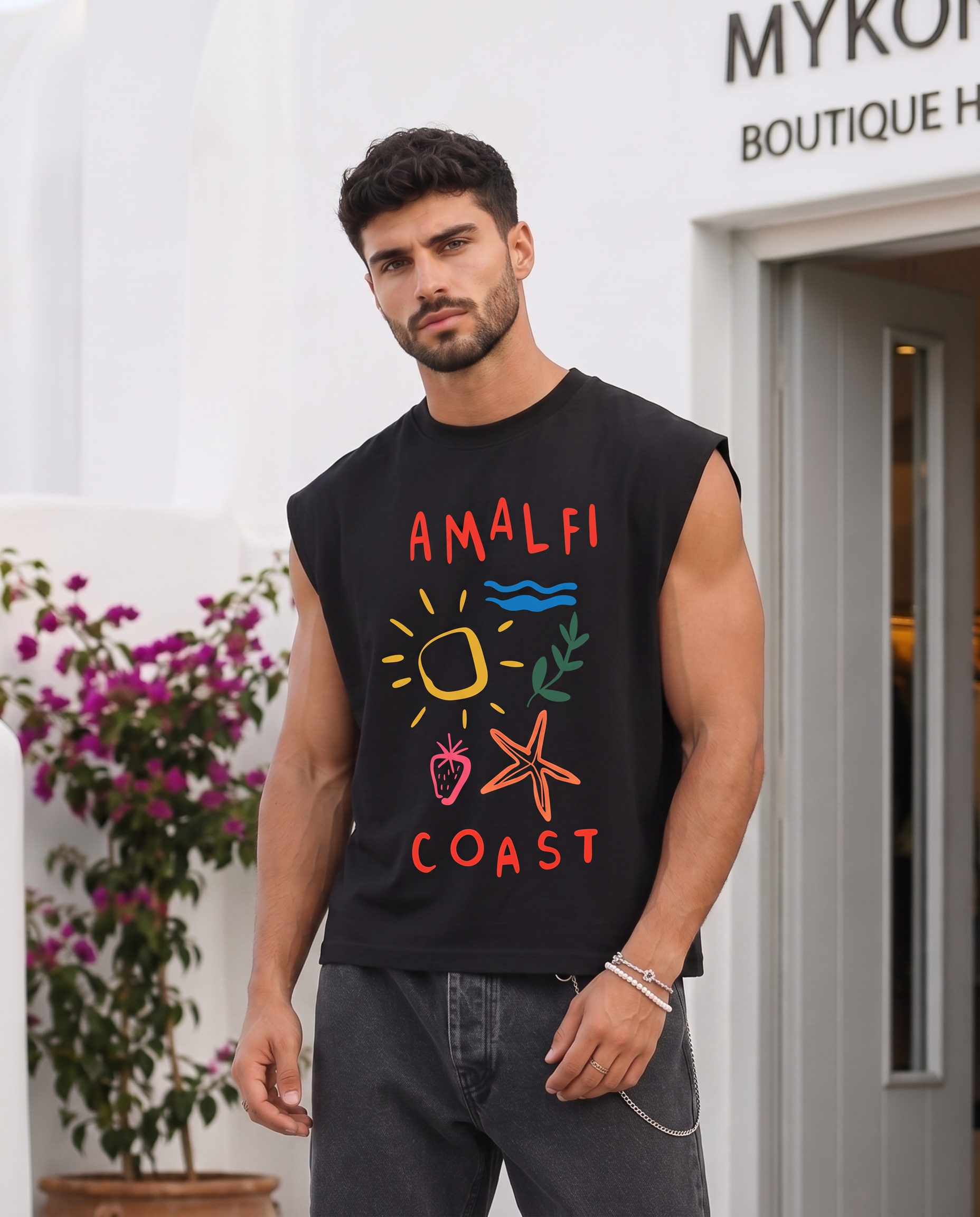 Camiseta sin mangas para hombre negro boxy fit Amalfi Coast con diseño frontal y corte recto