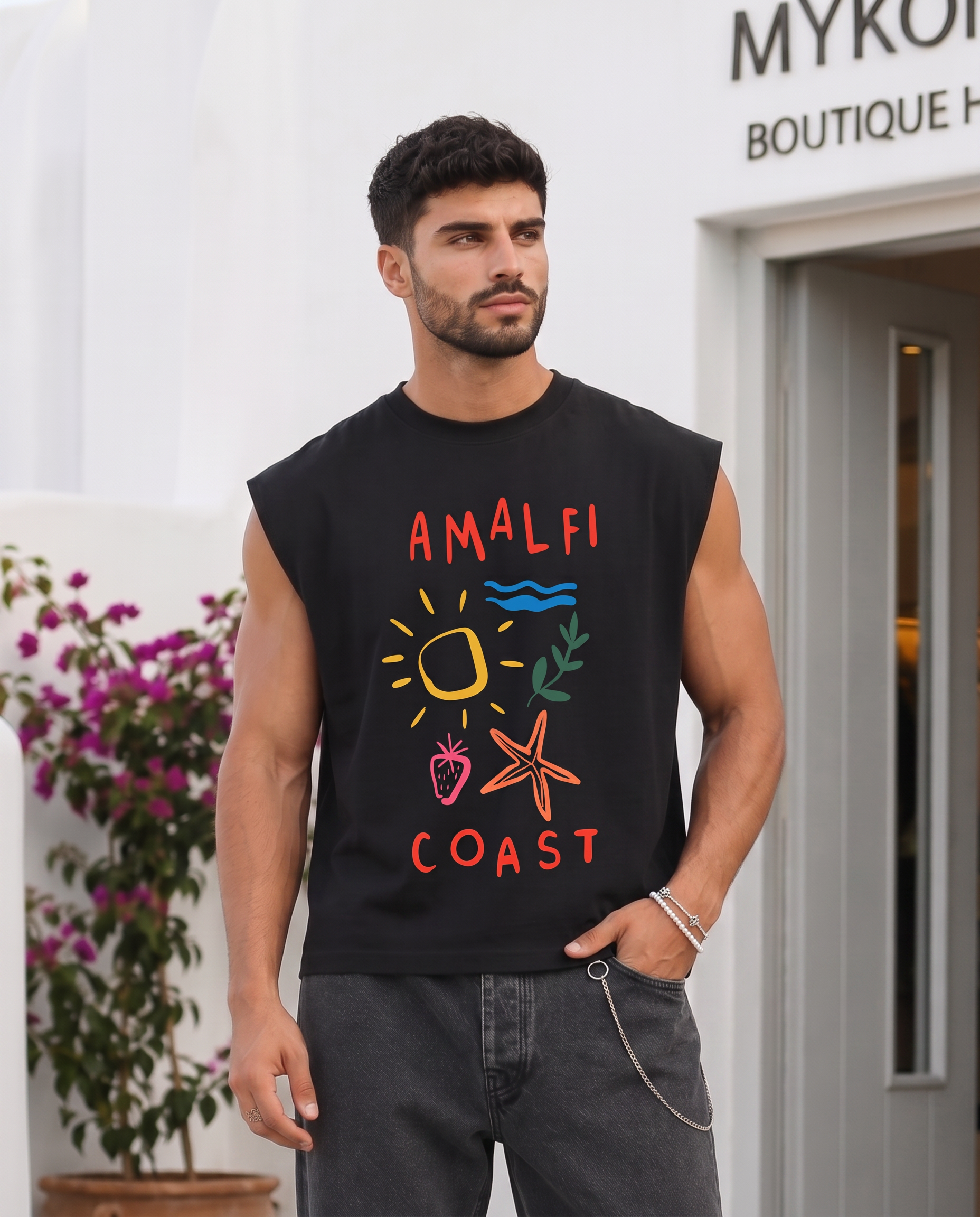Camiseta sin mangas para hombre negra boxy fit con diseño Amalfi Coast