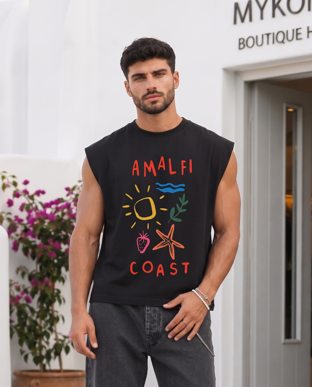 Camiseta sin mangas para hombre negra Boxy Fit Amalfi Coast de algodón 100% con diseño frontal y cuello redondo