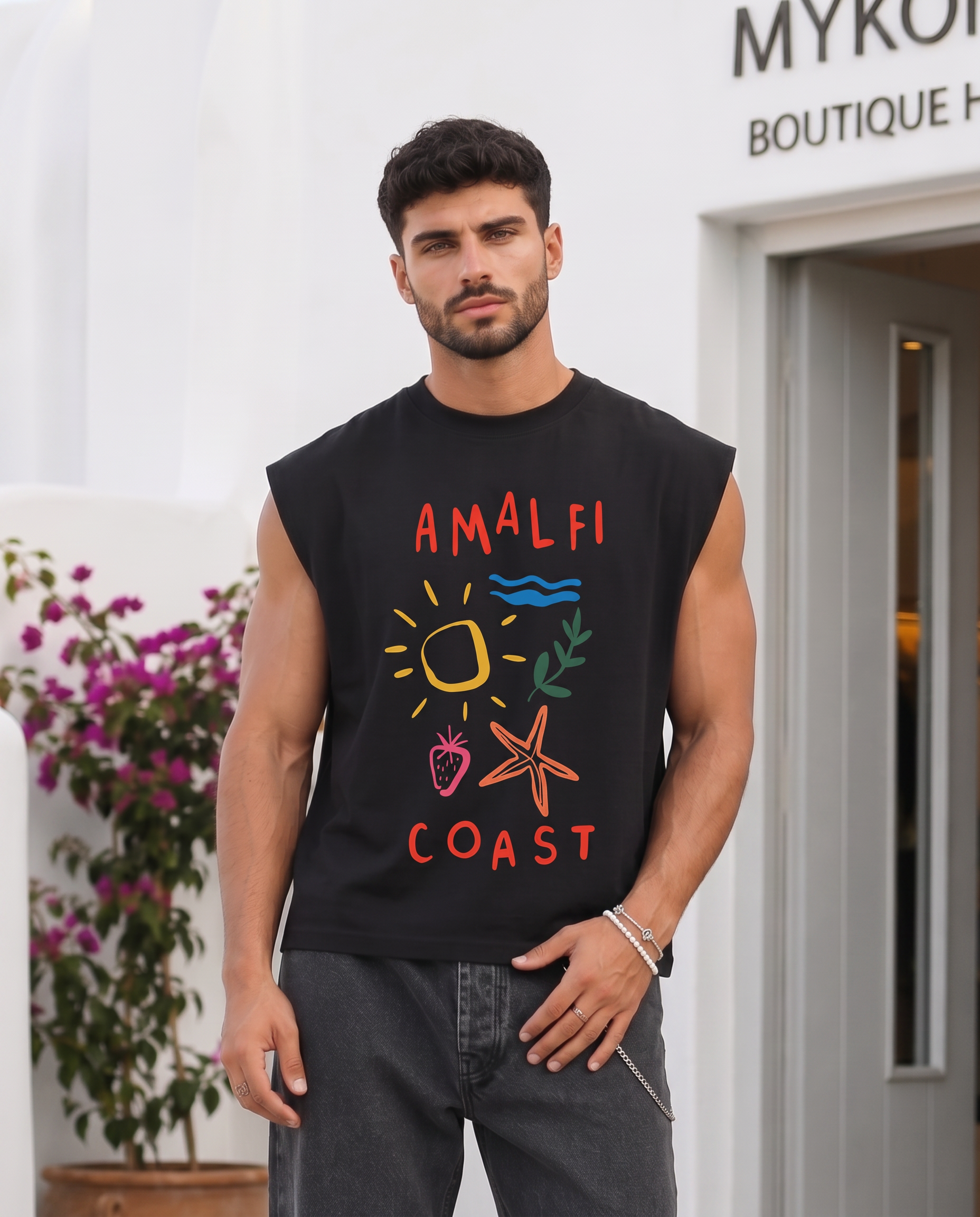 Camiseta sin mangas para hombre negra Boxy Fit Amalfi Coast de algodón 100% con diseño frontal y cuello redondo