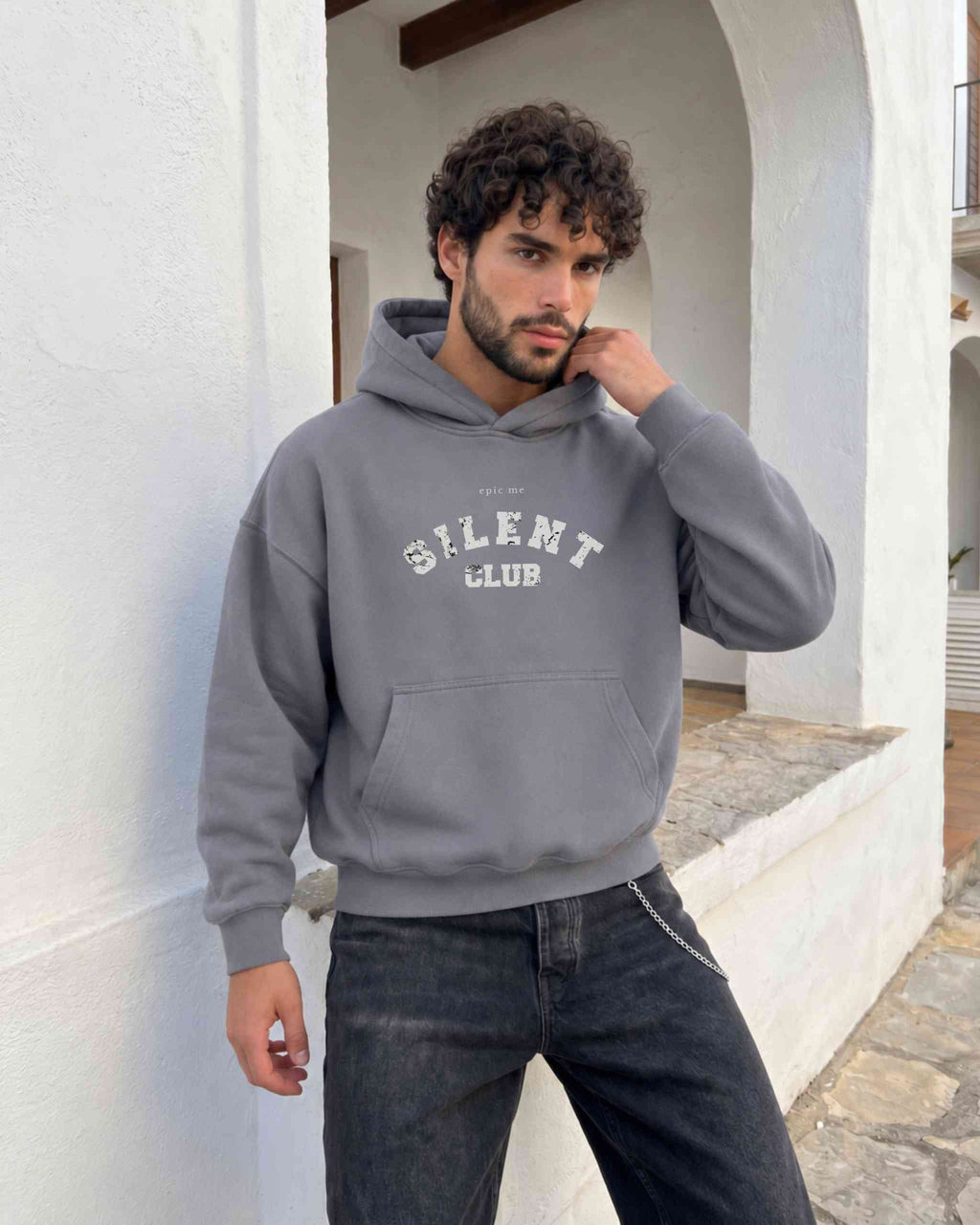 Sudadera boxy hombre con capucha en algodón 100% felpa francesa y estampado vintage Silent Club