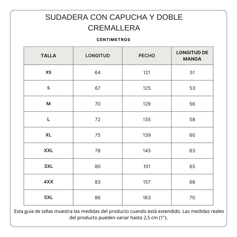 Size chart for Sudadera Con Capucha y Cremallera Bear Azul Marino