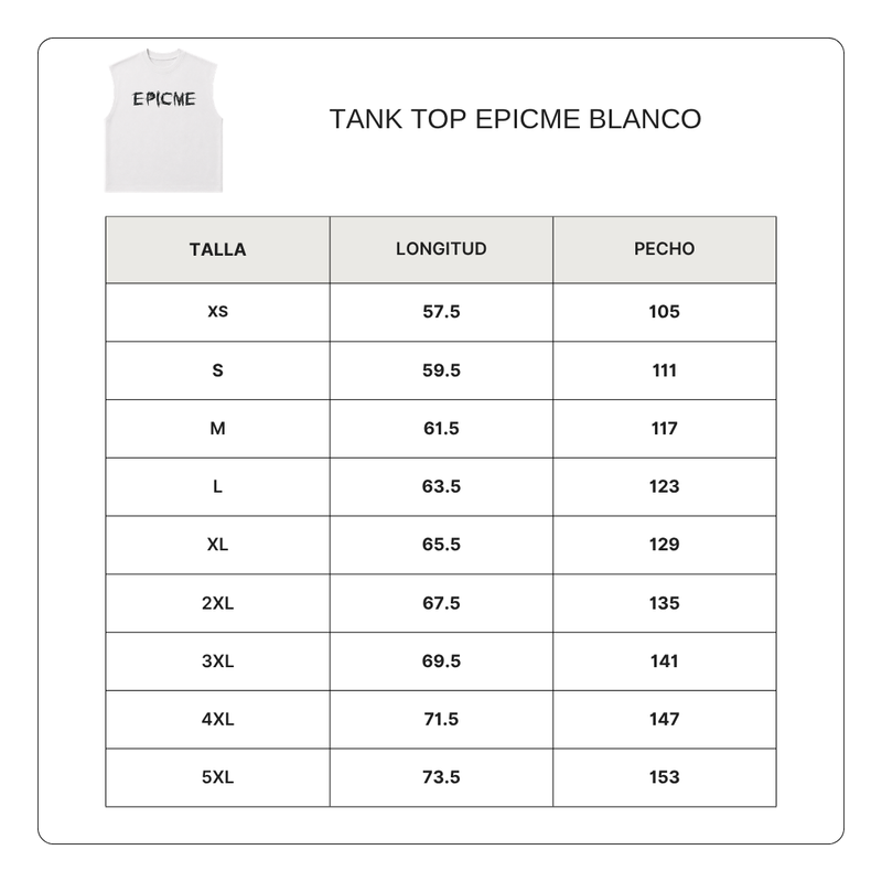 Size chart for Tank Top EPICME Blanco