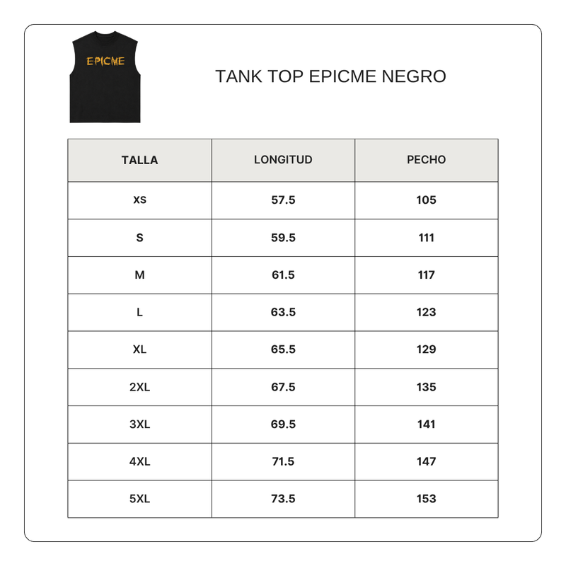 Size chart for Tank Top EPICME Negro