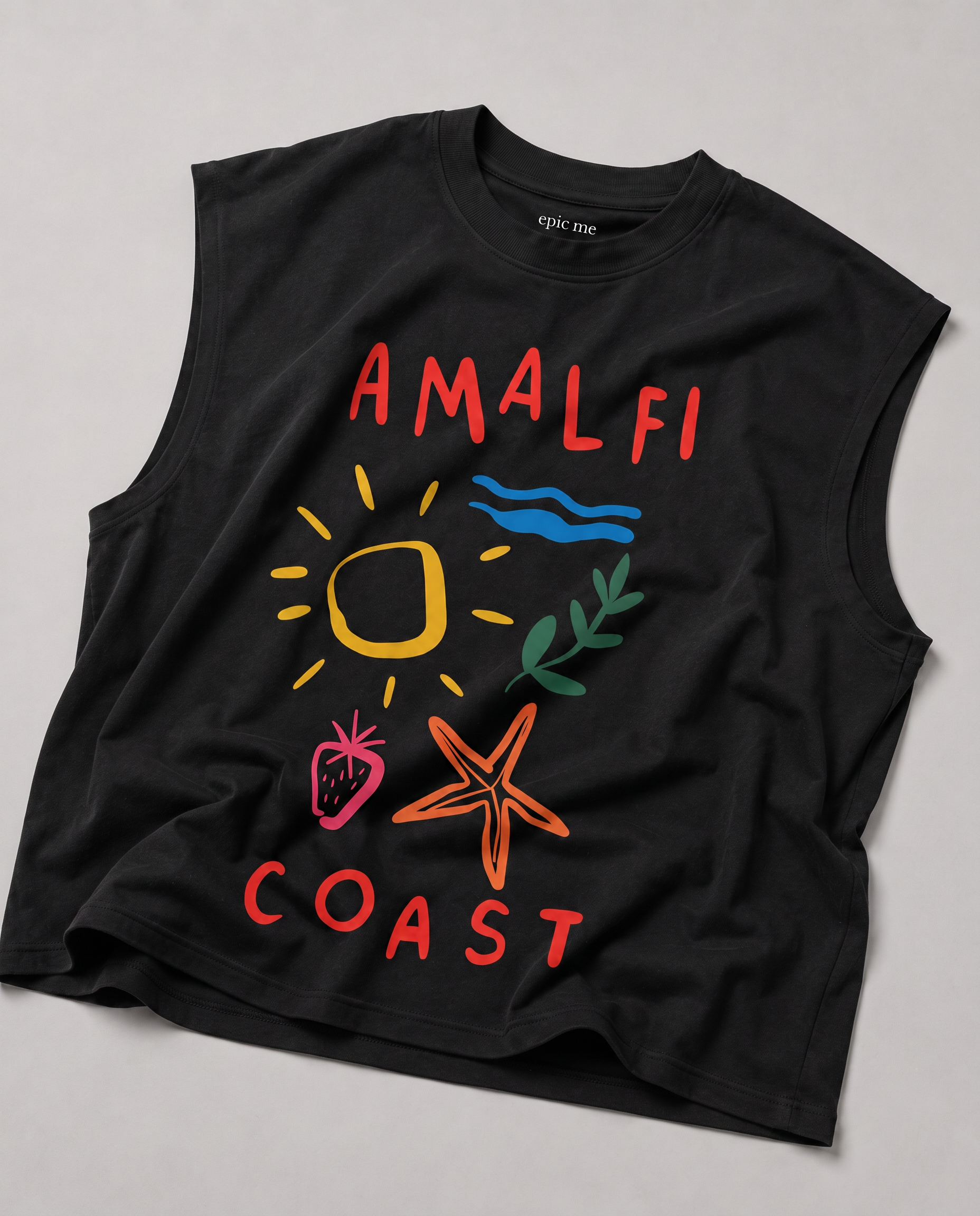 Camiseta sin mangas para hombre negra boxy fit Amalfi Coast de algodón 100%