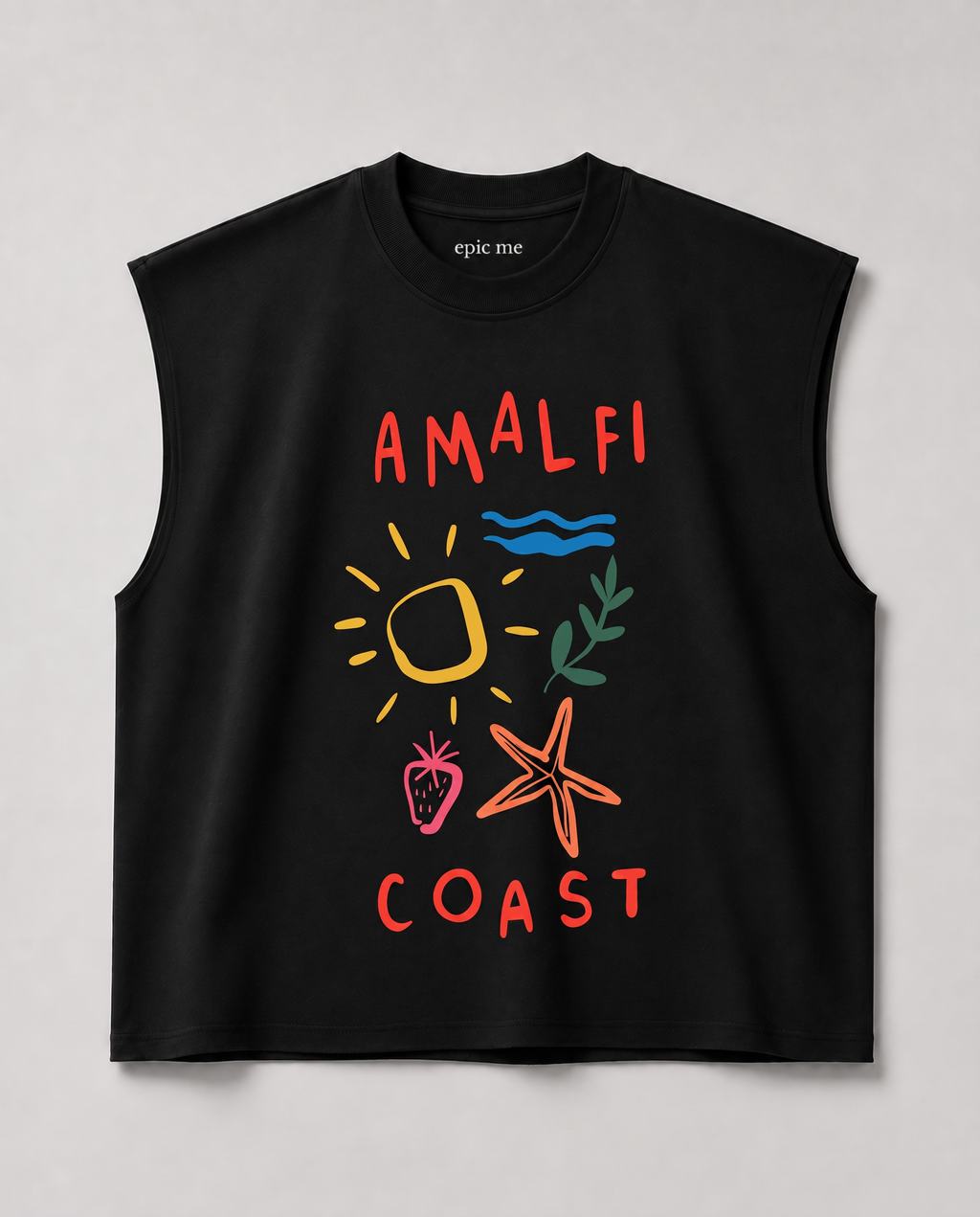 Camiseta sin mangas para hombre negra boxy fit con diseño Amalfi Coast de algodón 100%