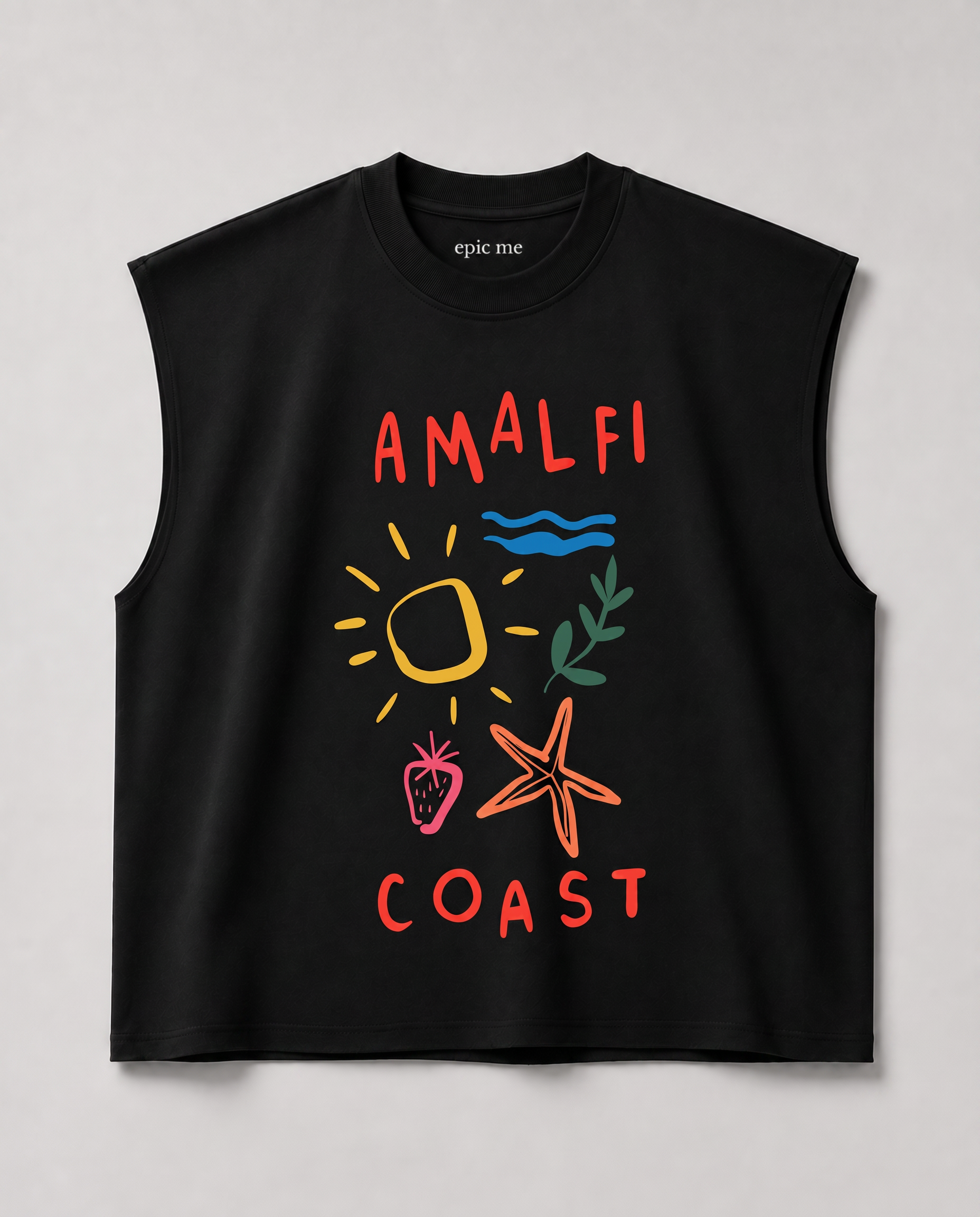 Camiseta sin mangas para hombre negra boxy fit con diseño Amalfi Coast de algodón 100%