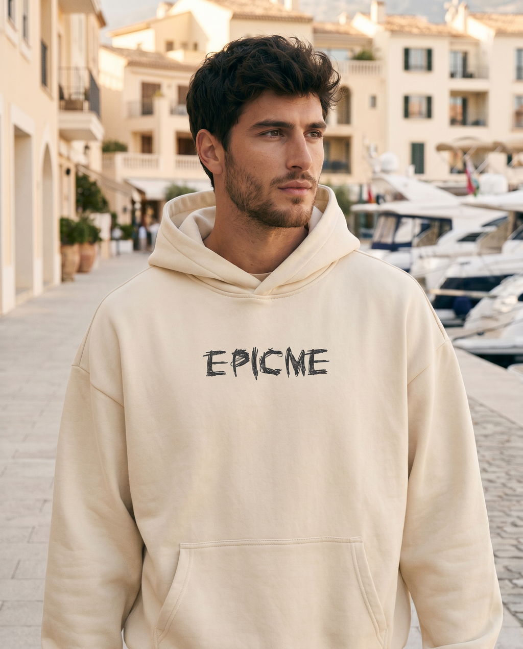 Sudadera con capucha EPICME crudo cropped oversize de algodón premium con logo grafiti y puños canalé.