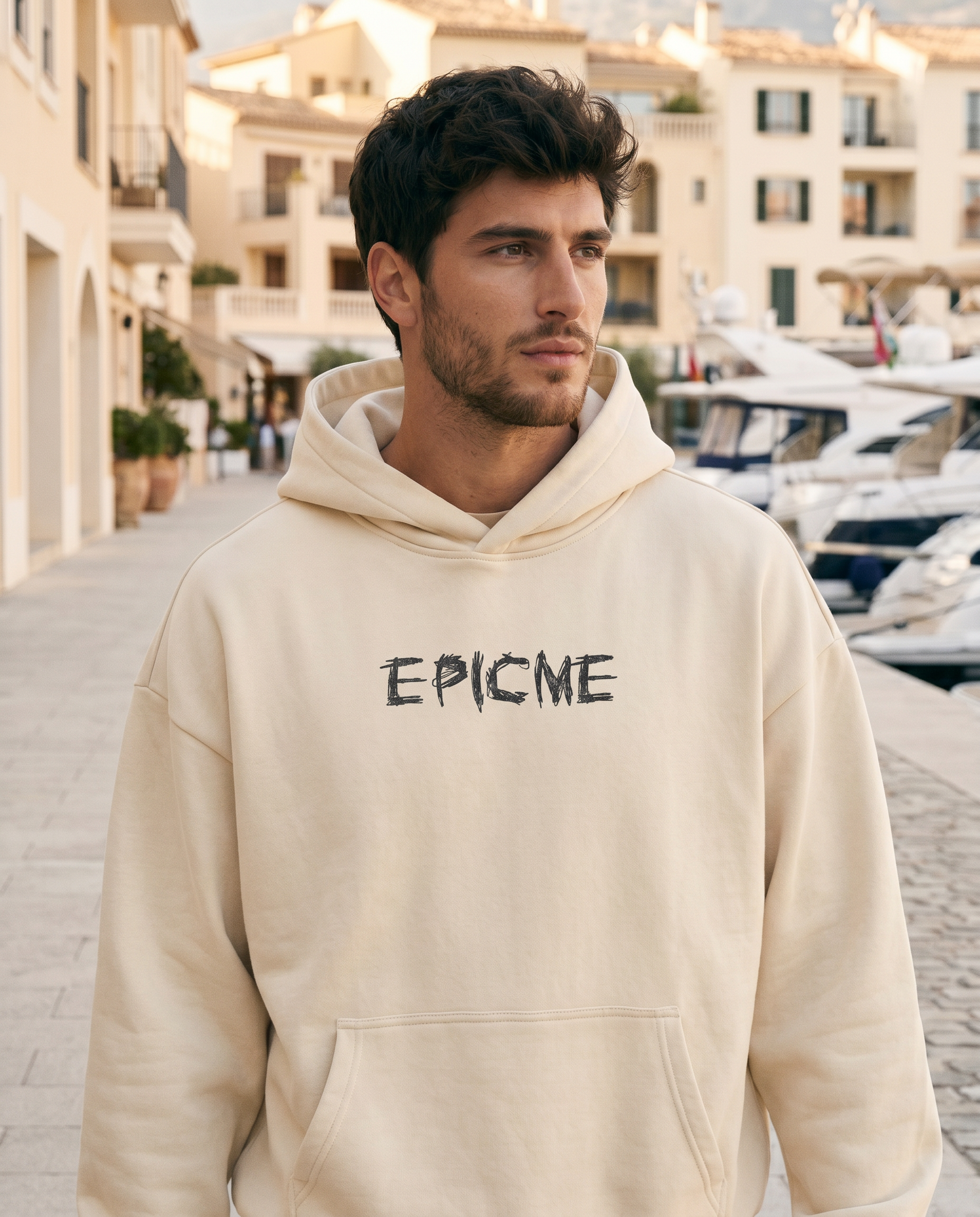 Sudadera con capucha EPICME crudo cropped oversize de algodón premium con logo grafiti y puños canalé.