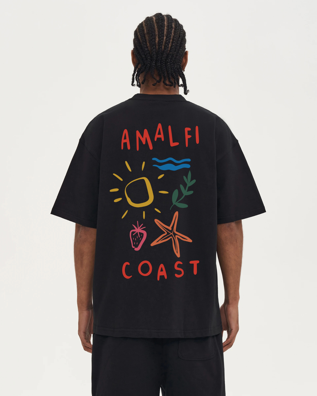 Camiseta Amalfi Coast negra de algodón con bordado EPIC ME y estampado en espalda