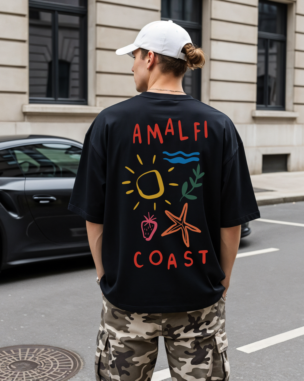 Camiseta Amalfi Coast negra de algodón con bordado EPIC ME y estampado en la espalda