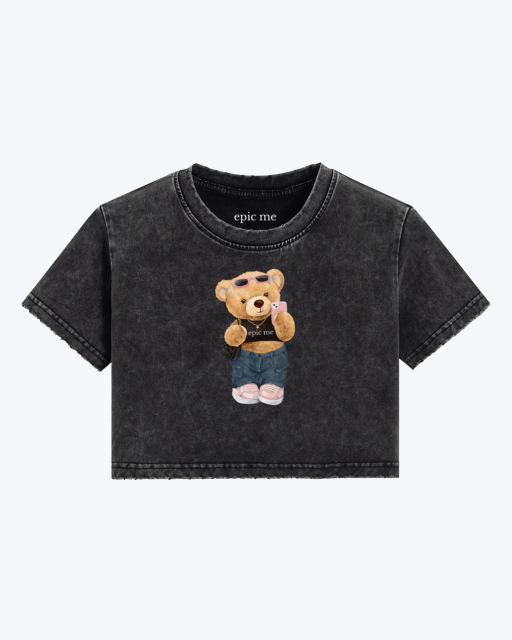 Camiseta crop de algodón suave con diseño Bear y efecto lavado vintage