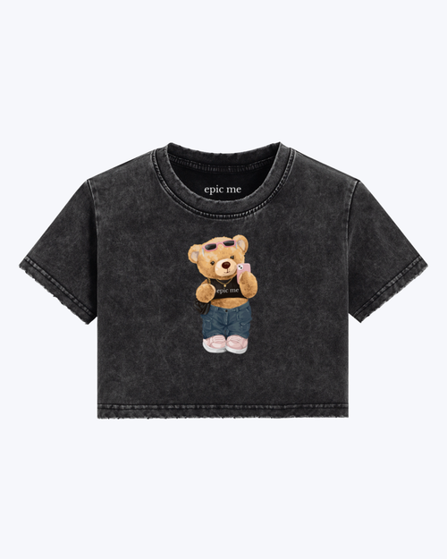 Camiseta crop de algodón suave con diseño Bear y efecto lavado vintage