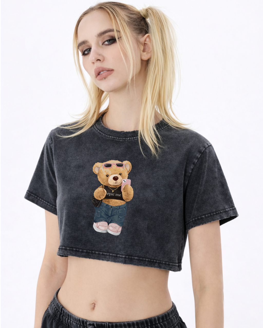 Camiseta crop de algodón con estampado Bear y efecto lavado vintage estilo relajado